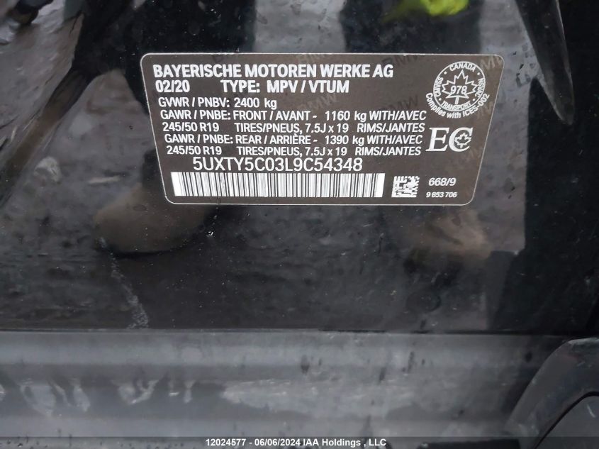 2020 BMW X3 xDrive30I VIN: 5UXTY5C03L9C54348 Lot: 12024577