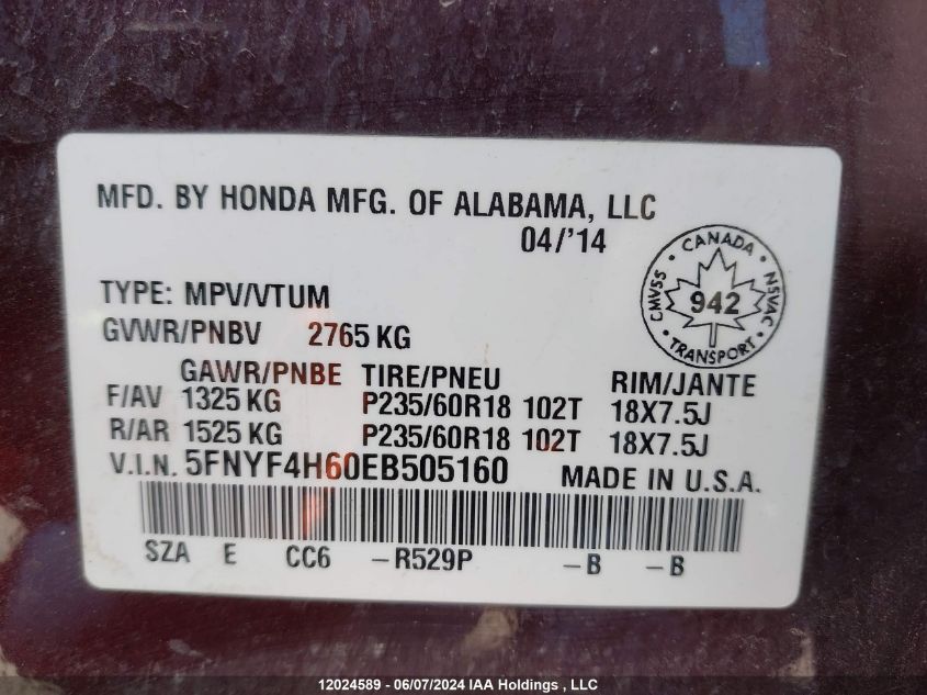 2014 Honda Pilot VIN: 5FNYF4H60EB505160 Lot: 12024589