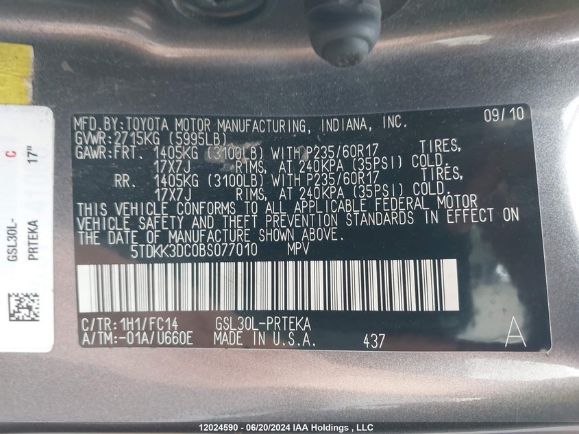 2011 Toyota Sienna Le 8 Passenger VIN: 5TDKK3DC0BS077010 Lot: 12024590