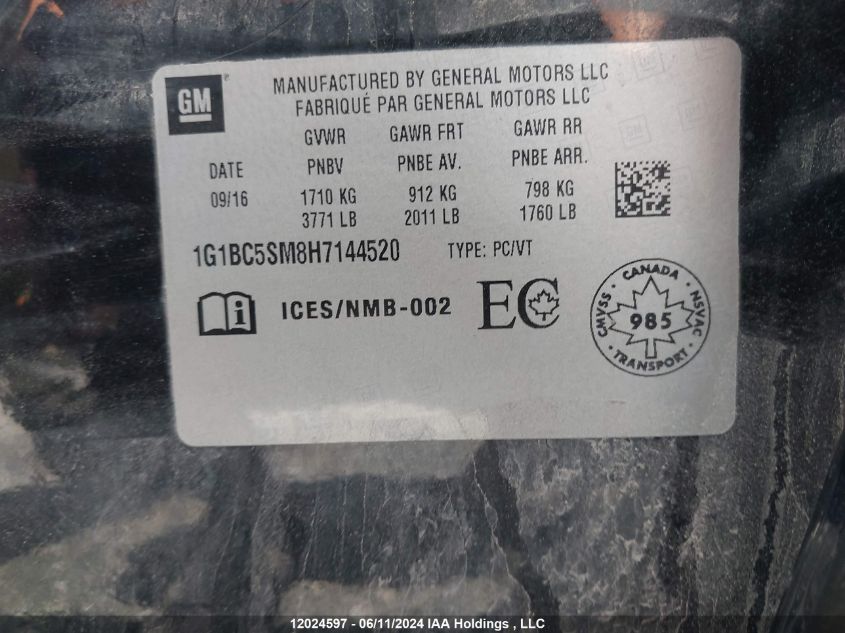 2017 Chevrolet Cruze VIN: 1G1BC5SM8H7144520 Lot: 12024597