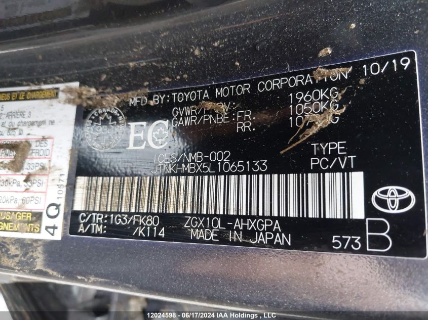 2020 Toyota C-Hr VIN: JTNKHMBX5L1065133 Lot: 12024598