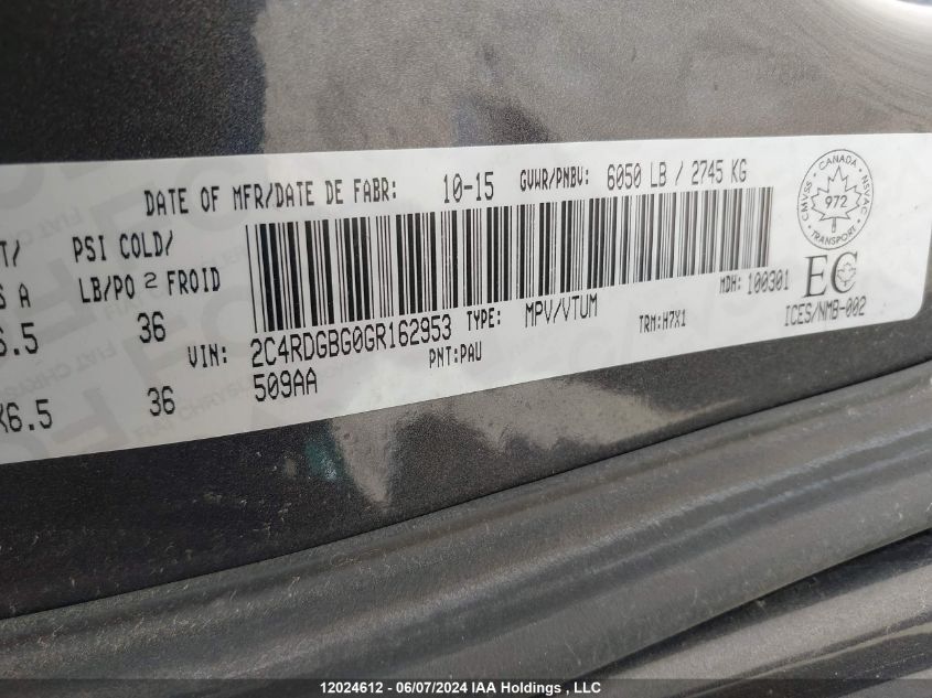 2016 Dodge Grand Caravan Se/Sxt VIN: 2C4RDGBG0GR162953 Lot: 12024612