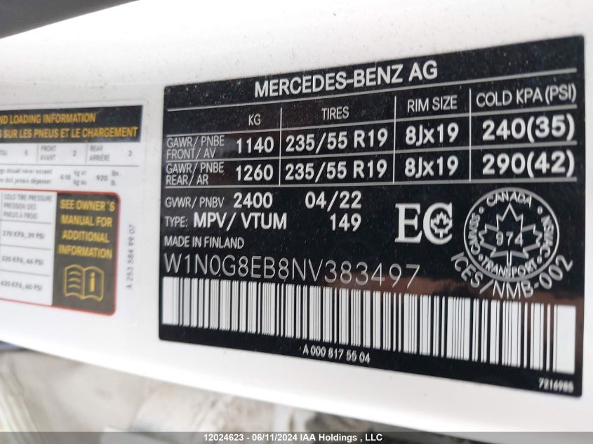 2022 Mercedes-Benz Glc VIN: W1N0G8EB8NV383497 Lot: 12024623