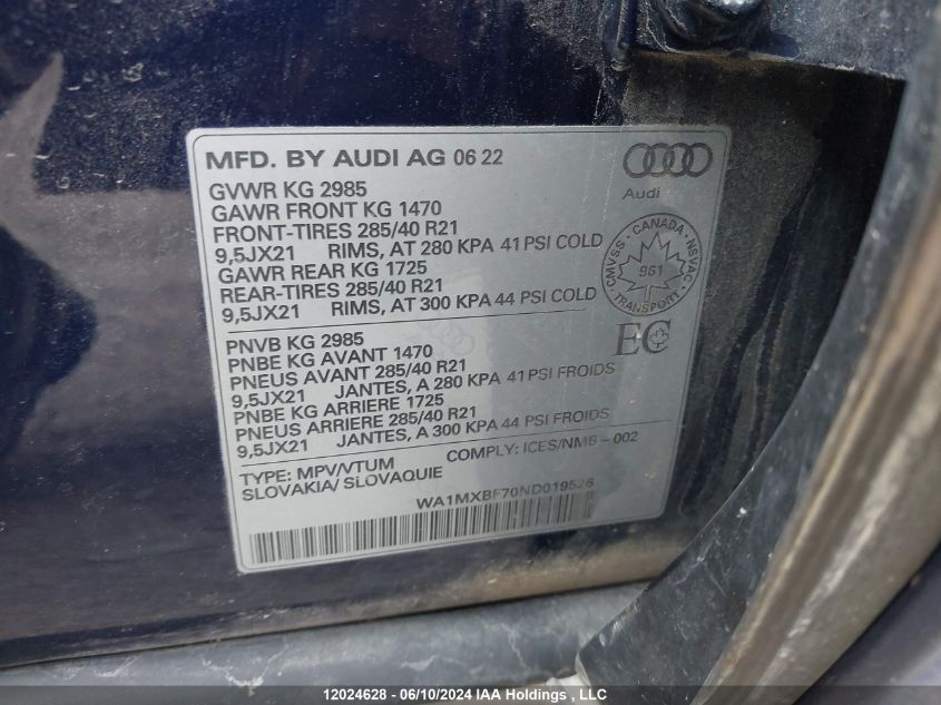 2022 Audi Q7 VIN: WA1MXBF70ND019526 Lot: 12024628