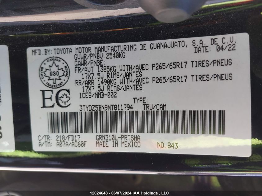 2022 Toyota Tacoma Double Cab/Sr5/Trd Sport/Trd Off Road VIN: 3TYDZ5BN9NT011794 Lot: 12024648