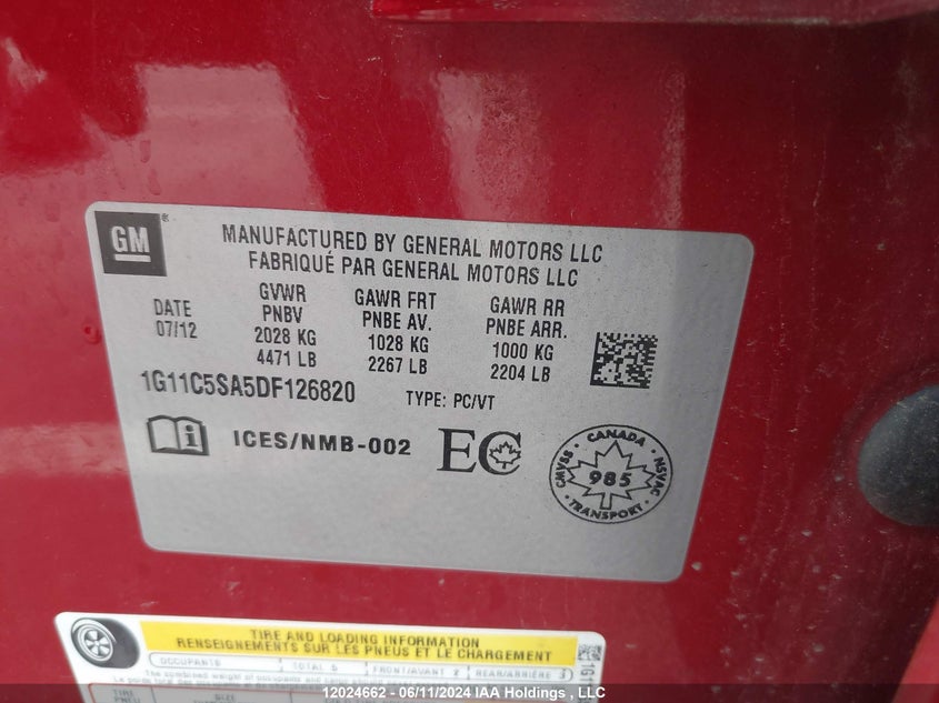 2013 Chevrolet Malibu 1Lt VIN: 1G11C5SA5DF126820 Lot: 12024662