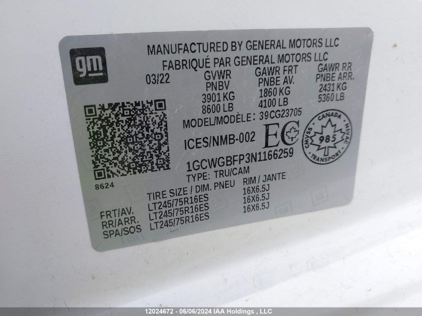 2022 Chevrolet Express G2500 VIN: 1GCWGBFP3N1166259 Lot: 12024672