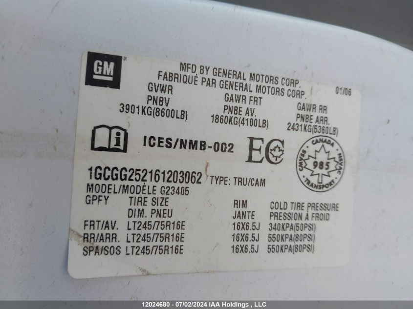 2006 Chevrolet Express VIN: 1GCGG252161203062 Lot: 12024680