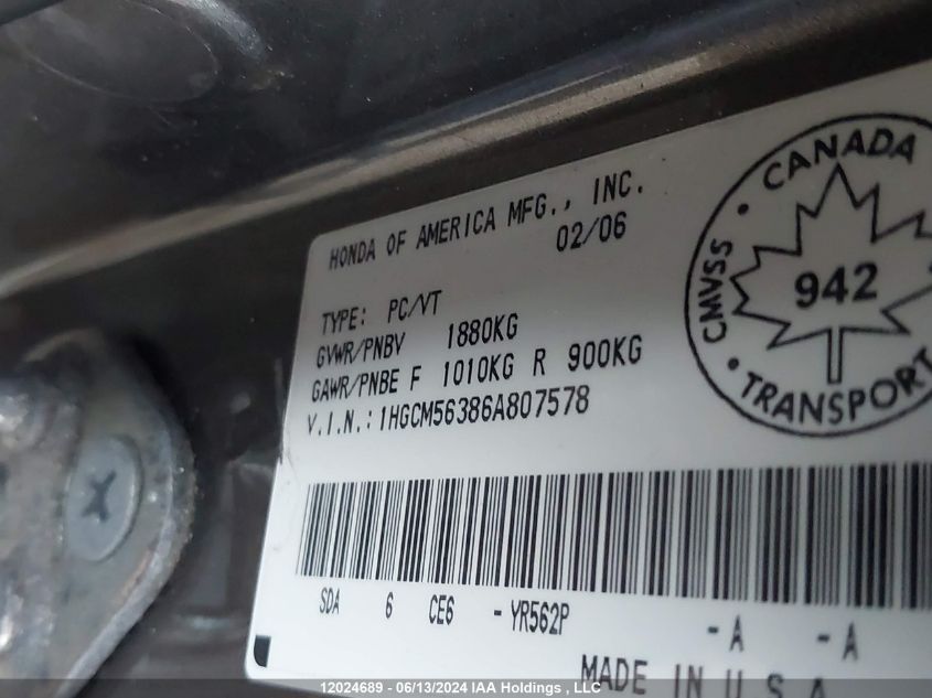 2006 Honda Accord Sdn VIN: 1HGCM56386A807578 Lot: 12024689