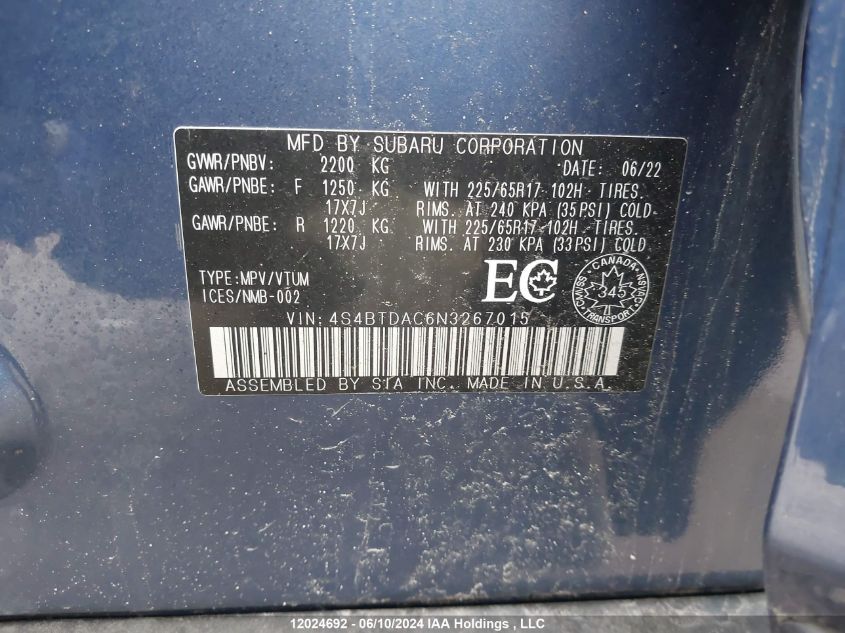 2022 Subaru Outback VIN: 4S4BTDAC6N3267015 Lot: 12024692