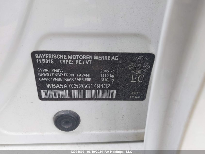 2016 BMW 5 Series VIN: WBA5A7C52GG149432 Lot: 12024699