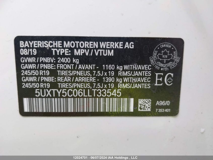 2020 BMW X3 VIN: 5UXTY5C06LLT33545 Lot: 12024701