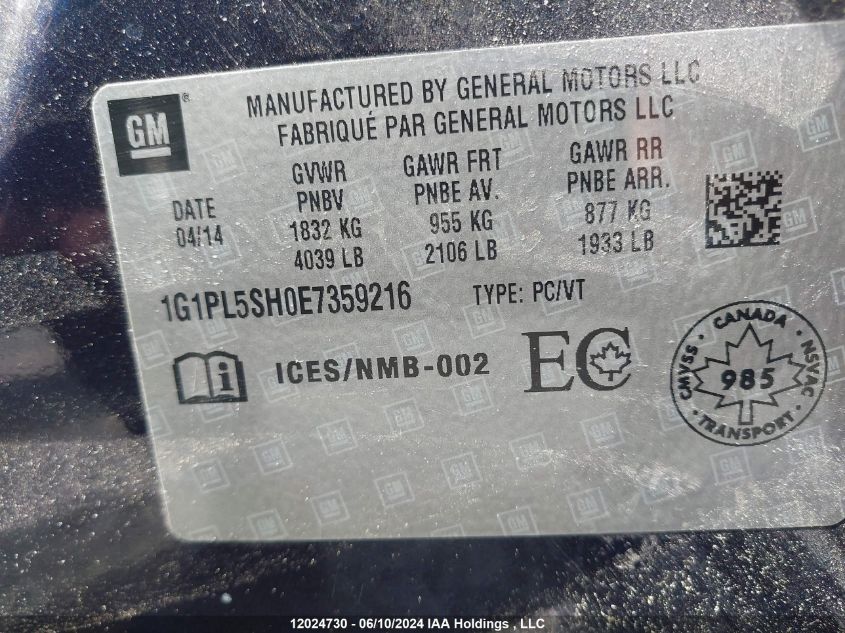 2014 Chevrolet Cruze VIN: 1G1PL5SH0E7359216 Lot: 12024730