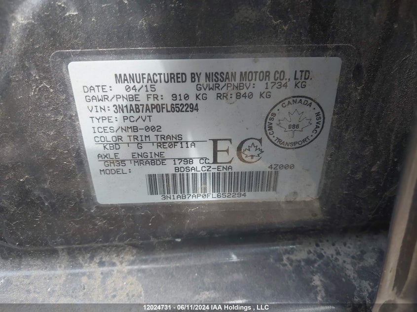 2015 Nissan Sentra S/Sv/Sr/Sl VIN: 3N1AB7AP0FL652294 Lot: 12024731