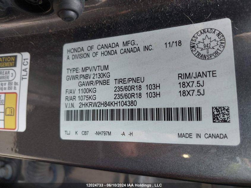 2019 Honda Cr-V VIN: 2HKRW2H84KH104380 Lot: 12024733