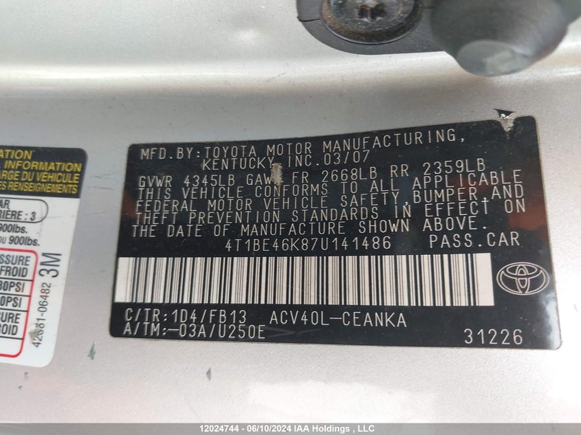 2007 Toyota Camry Le VIN: 4T1BE46K87U141486 Lot: 12024744