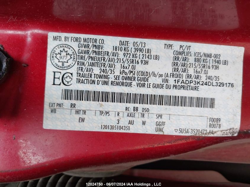 2013 Ford Focus VIN: 1FADP3K24DL329176 Lot: 12024750