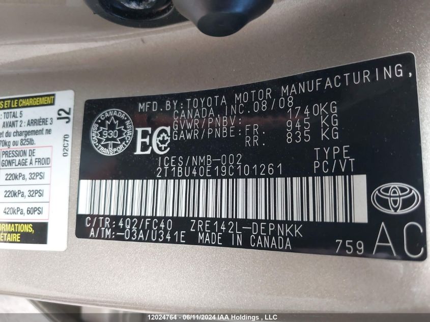 2009 Toyota Corolla VIN: 2T1BU40E19C101261 Lot: 12024764