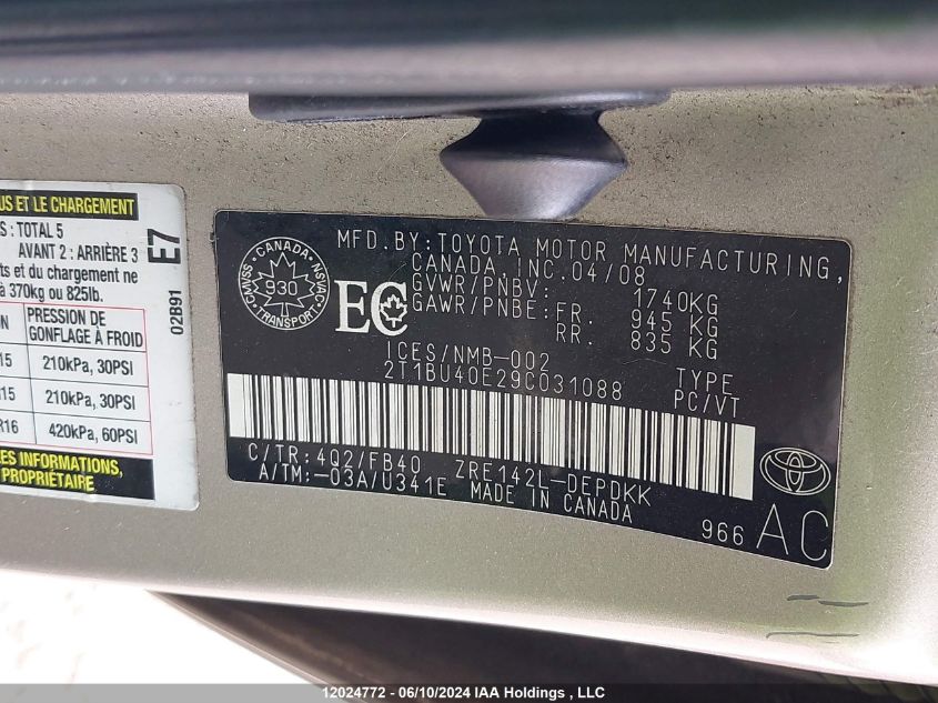 2009 Toyota Corolla S/Le/Xle VIN: 2T1BU40E29C031088 Lot: 12024772