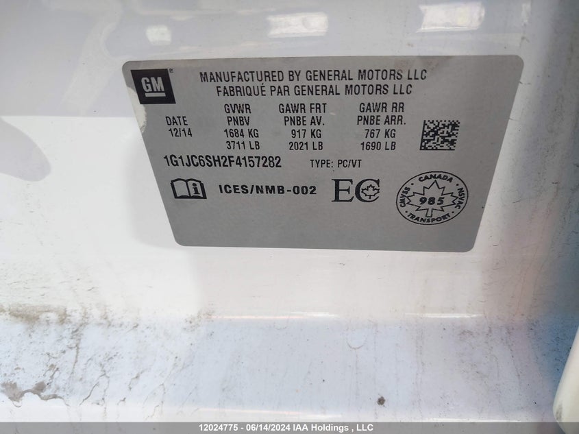 2015 Chevrolet Sonic VIN: 1G1JC6SH2F4157282 Lot: 12024775