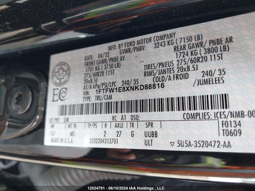 2022 Ford F-150 Xlt VIN: 1FTFW1E8XNKD88816 Lot: 12024791