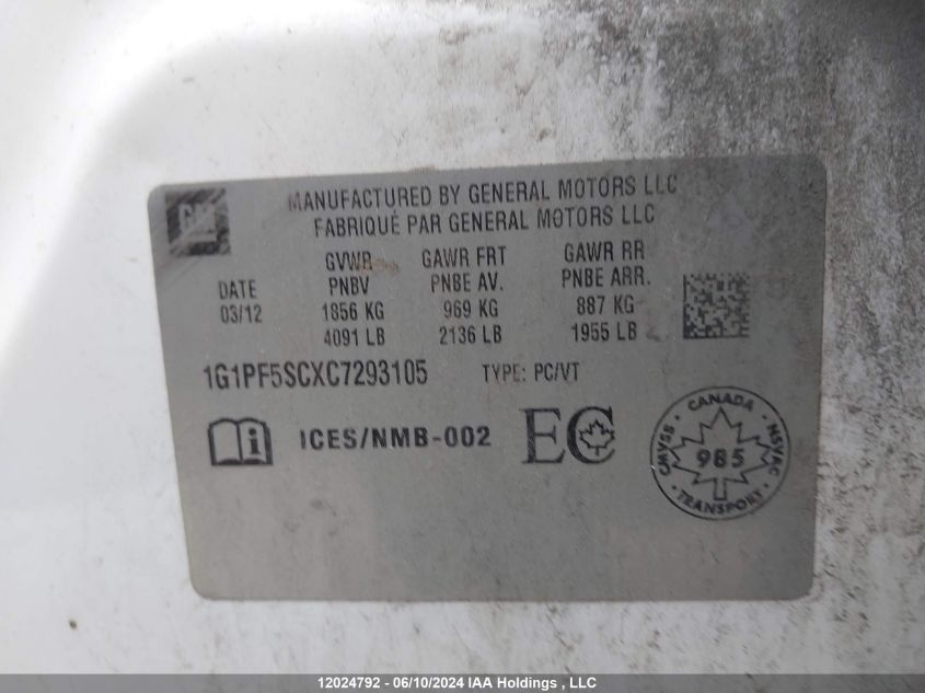 2012 Chevrolet Cruze Lt VIN: 1G1PF5SCXC7293105 Lot: 12024792