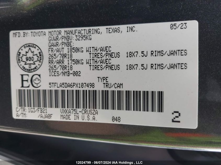 2023 Toyota Tundra Sr VIN: 5TFLA5DA6PX107498 Lot: 12024799