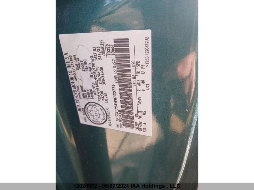 1998 Ford F150 VIN: 1FTZX1724WKB33776 Lot: 12024802