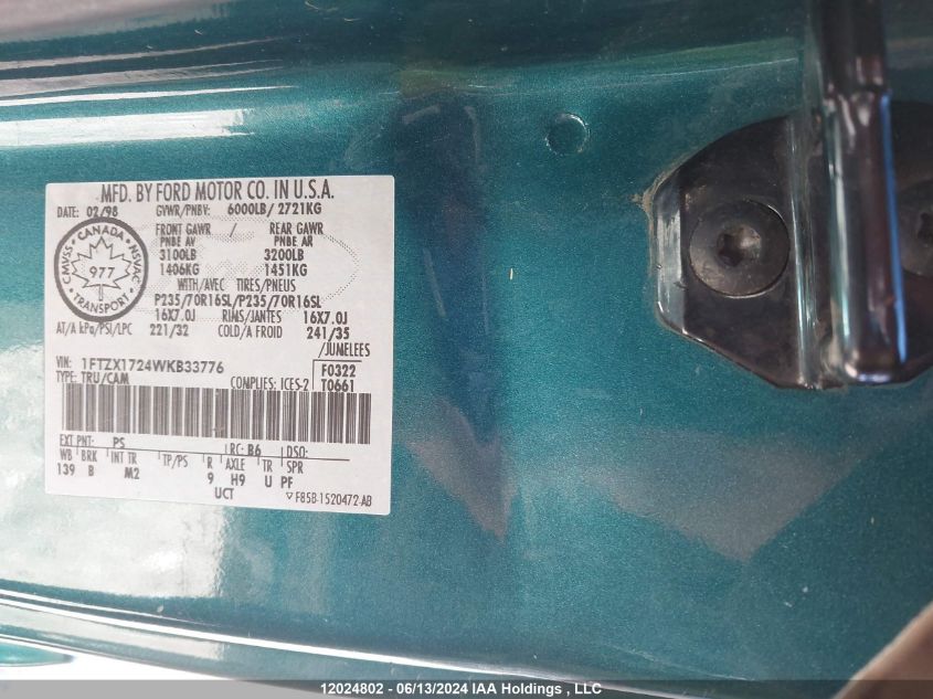 1998 Ford F150 VIN: 1FTZX1724WKB33776 Lot: 12024802