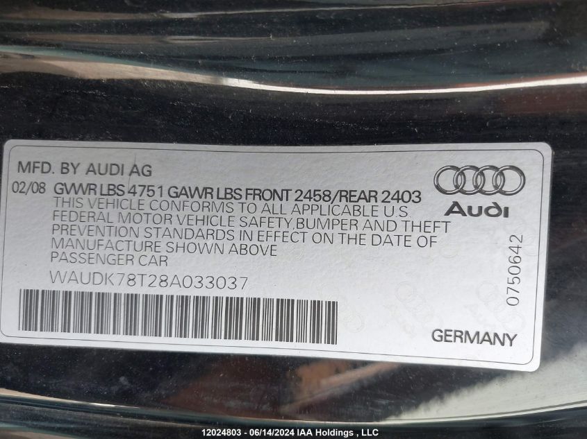 2008 Audi A5 VIN: WAUDK78T28A033037 Lot: 12024803