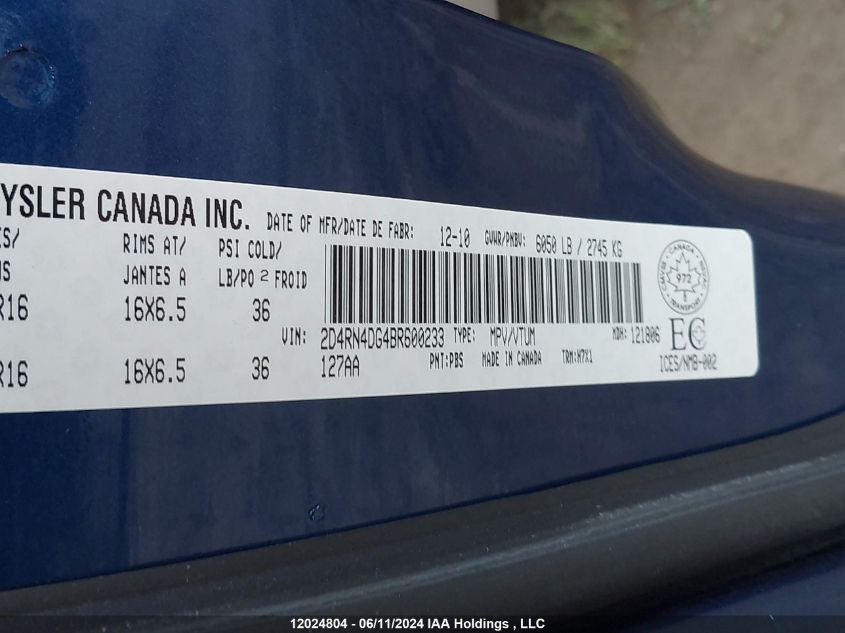 2011 Dodge Grand Caravan Se/Sxt VIN: 2D4RN4DG4BR600233 Lot: 12024804