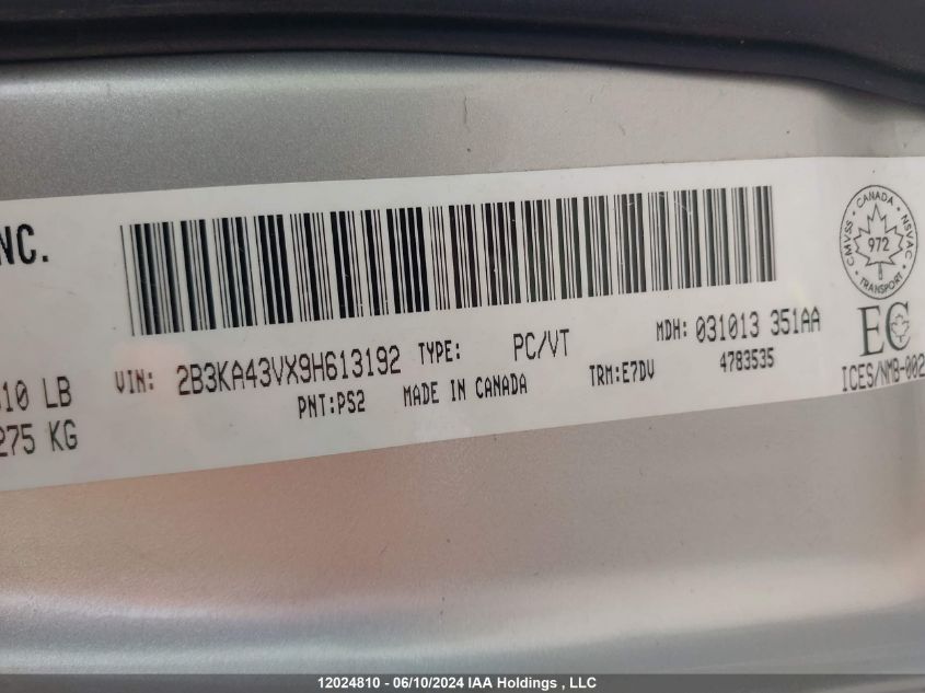 2009 Dodge Charger VIN: 2B3KA43VX9H613192 Lot: 12024810