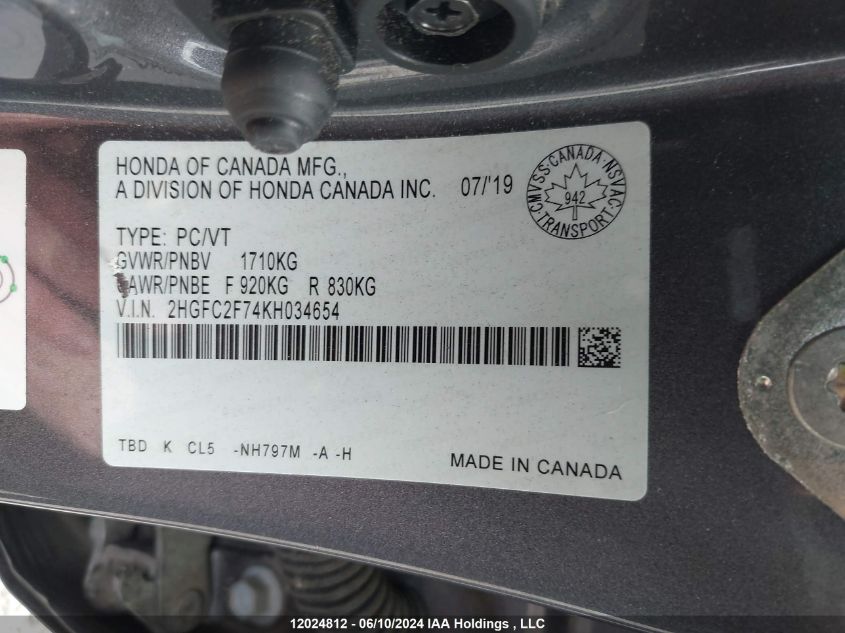 2019 Honda Civic Sedan VIN: 2HGFC2F74KH034654 Lot: 12024812