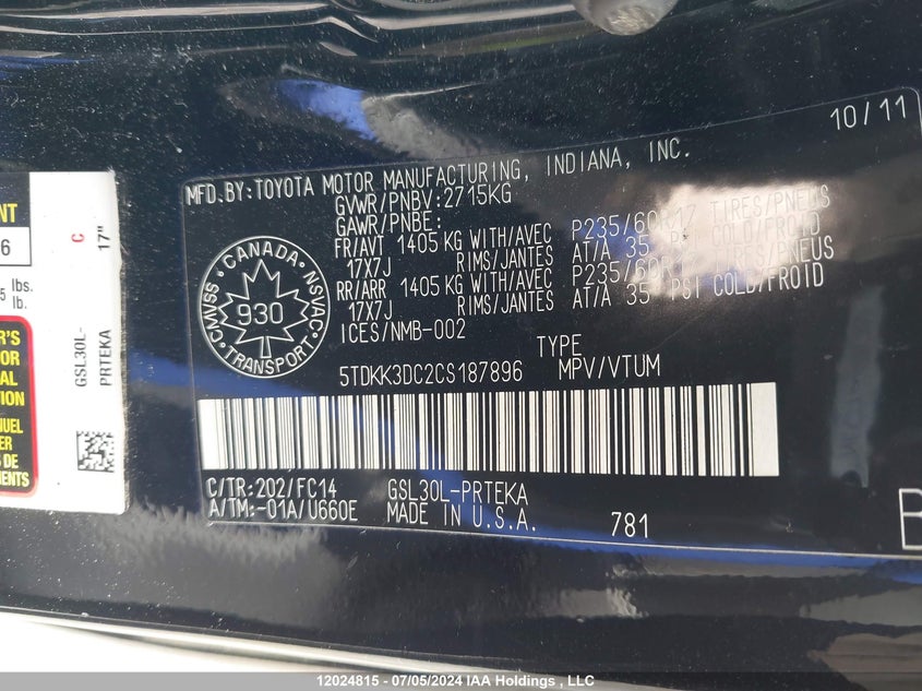 2012 Toyota Sienna VIN: 5TDKK3DC2CS187896 Lot: 12024815