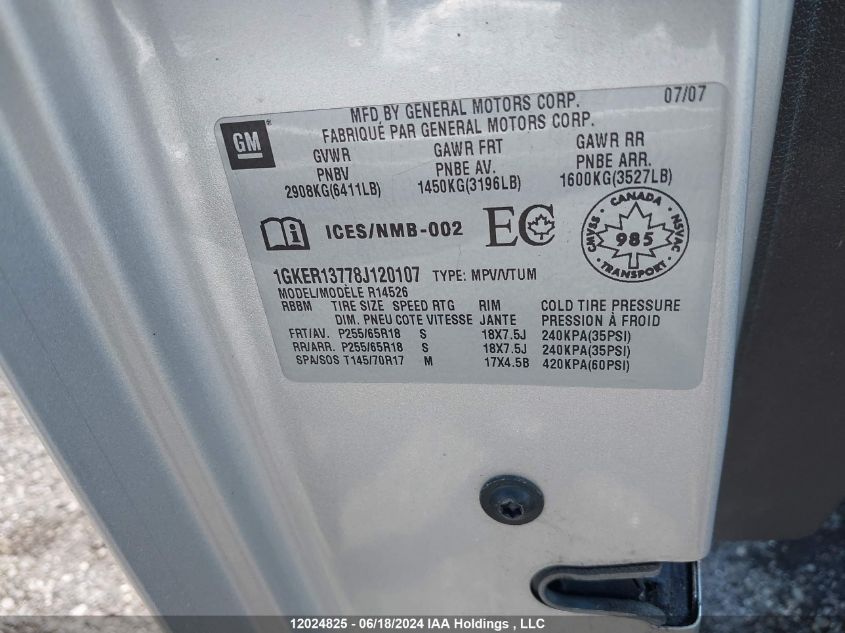 2008 GMC Acadia VIN: 1GKER13778J120107 Lot: 12024825