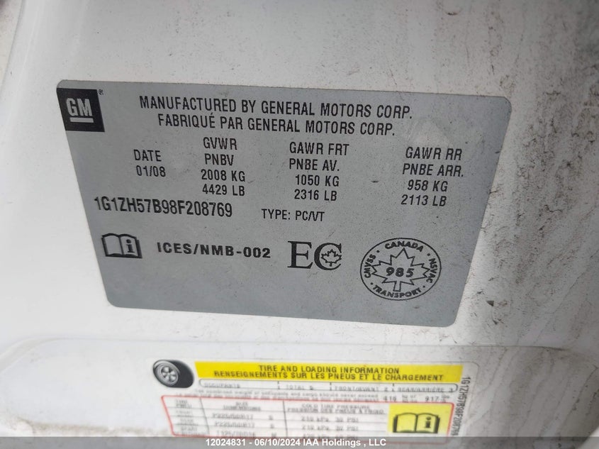 2008 Chevrolet Malibu VIN: 1G1ZH57B98F208769 Lot: 12024831