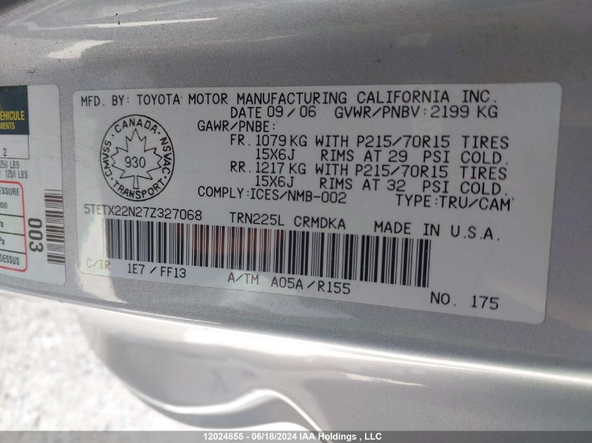 2007 Toyota Tacoma Access Cab VIN: 5TETX22N27Z327068 Lot: 12024855