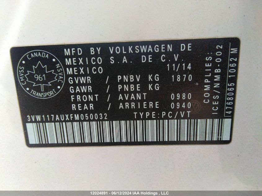 2015 Volkswagen Golf VIN: 3VW117AUXFM050032 Lot: 12024891