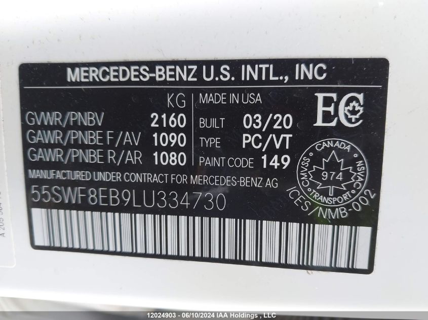 2020 Mercedes-Benz C-Class VIN: 55SWF8EB9LU334730 Lot: 12024903