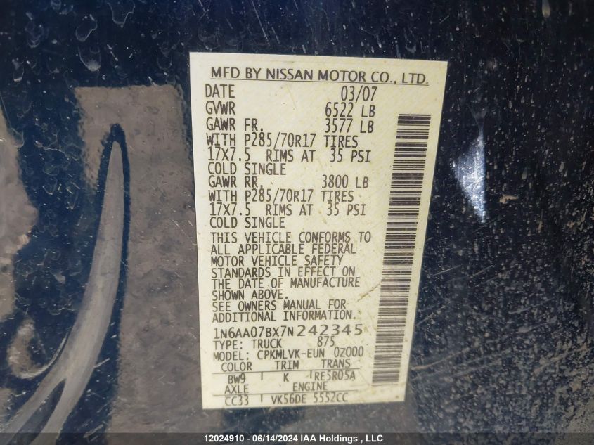 2007 Nissan Titan Xe/Se/Le VIN: 1N6AA07BX7N242345 Lot: 12024910