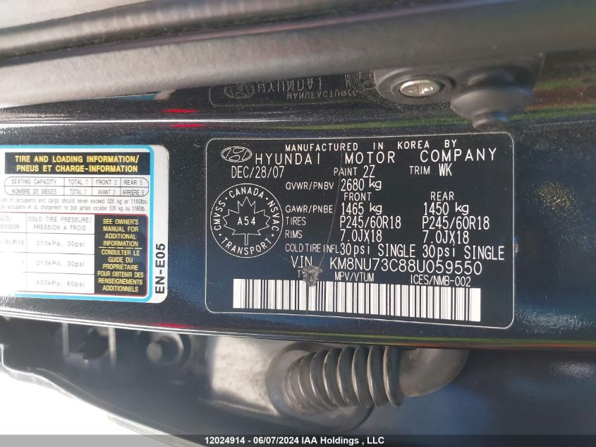 2008 Hyundai Veracruz VIN: KM8NU73C88U059550 Lot: 12024914