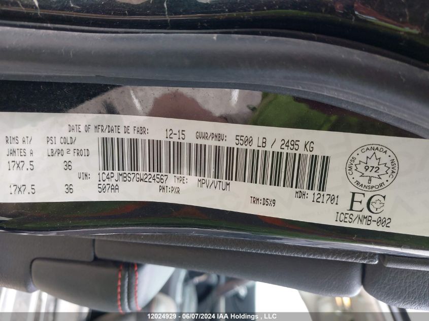 2016 Jeep Cherokee Trailhawk VIN: 1C4PJMBS7GW224567 Lot: 12024929