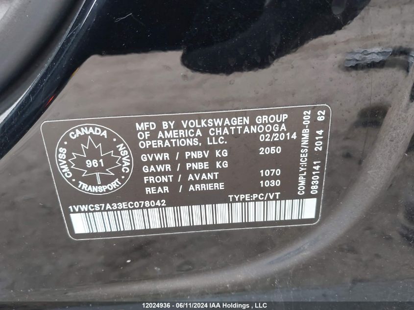 2014 Volkswagen Passat Sel VIN: 1VWCS7A33EC078042 Lot: 12024936
