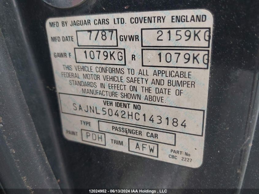 1987 Jaguar Xjs VIN: SAJNL5042HC143184 Lot: 12024952