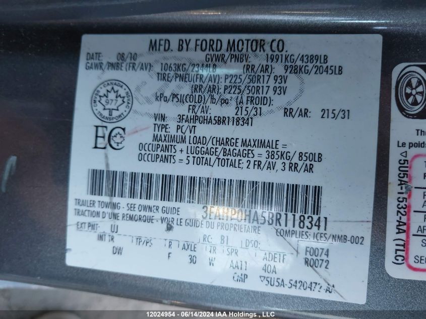 2011 Ford Fusion Se VIN: 3FAHP0HA5BR118341 Lot: 12024954