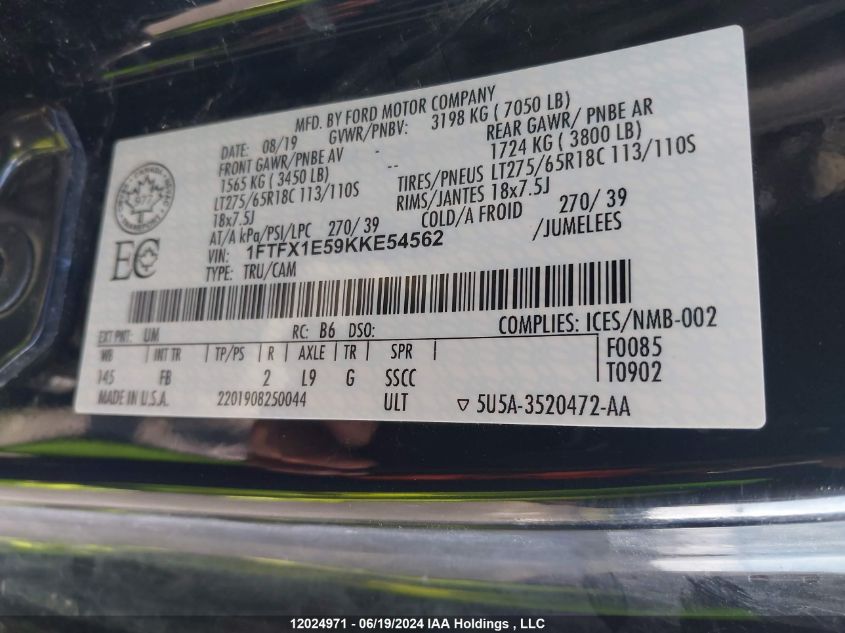 2019 Ford F150 Super Cab VIN: 1FTFX1E59KKE54562 Lot: 12024971