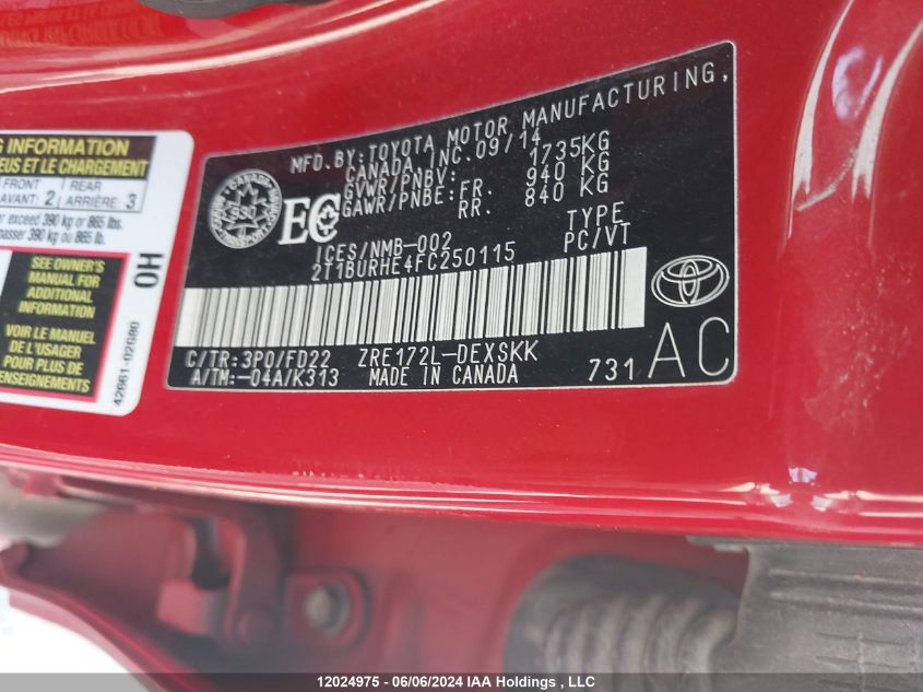 2015 Toyota Corolla Le VIN: 2T1BURHE4FC250115 Lot: 12024975