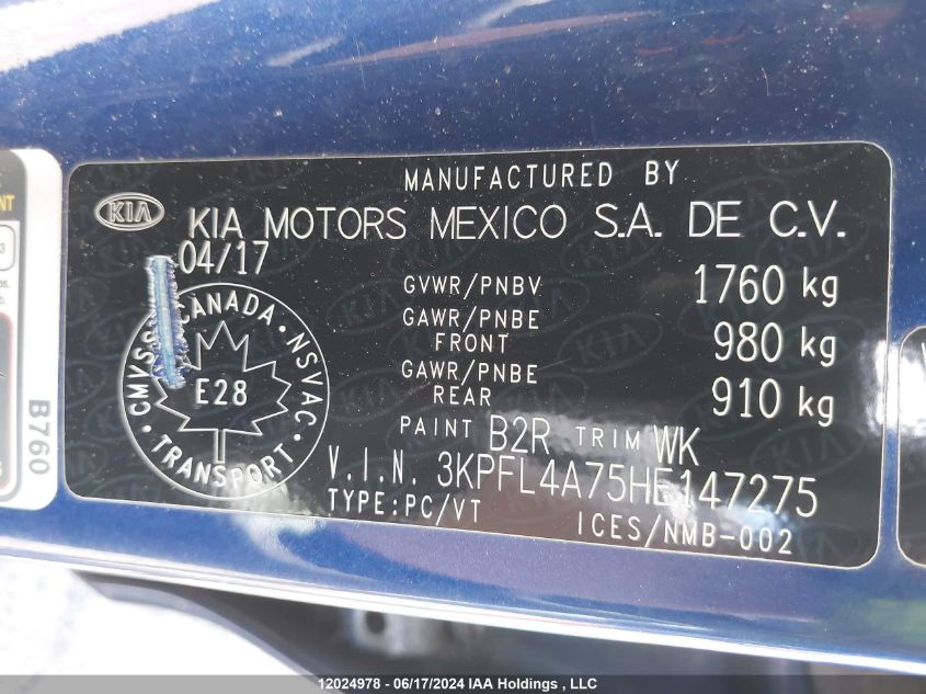 2017 Kia Forte VIN: 3KPFL4A75HE147275 Lot: 12024978
