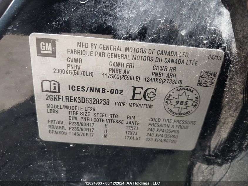 2013 GMC Terrain Sle VIN: 2GKFLREK3D6328238 Lot: 12024983