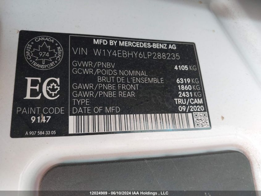 2020 Mercedes-Benz Sprinter VIN: W1Y4EBHY6LP288235 Lot: 12024989